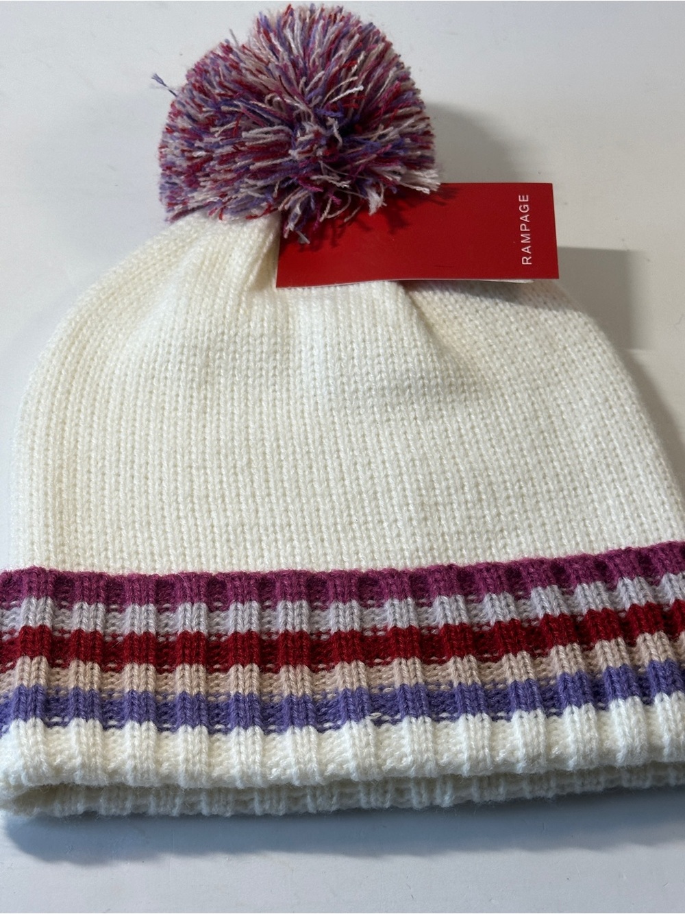 NWT Rampage Cream Multicolor Striped Pom Pom Beanie